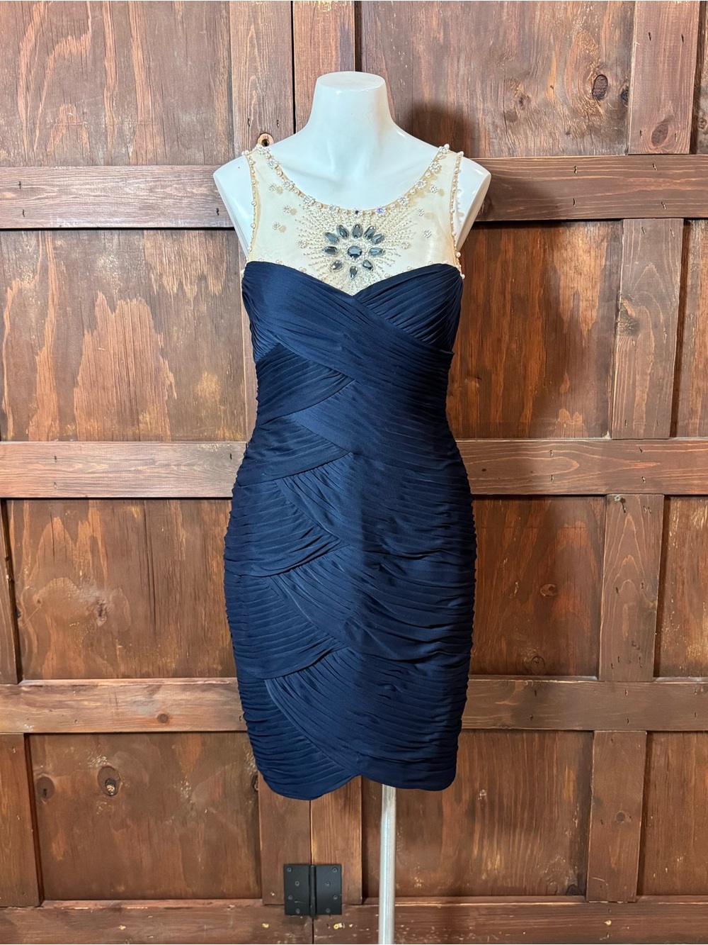 Adrianna Papell Navy Ruched Cocktail Dress with Beaded Illusion Yoke